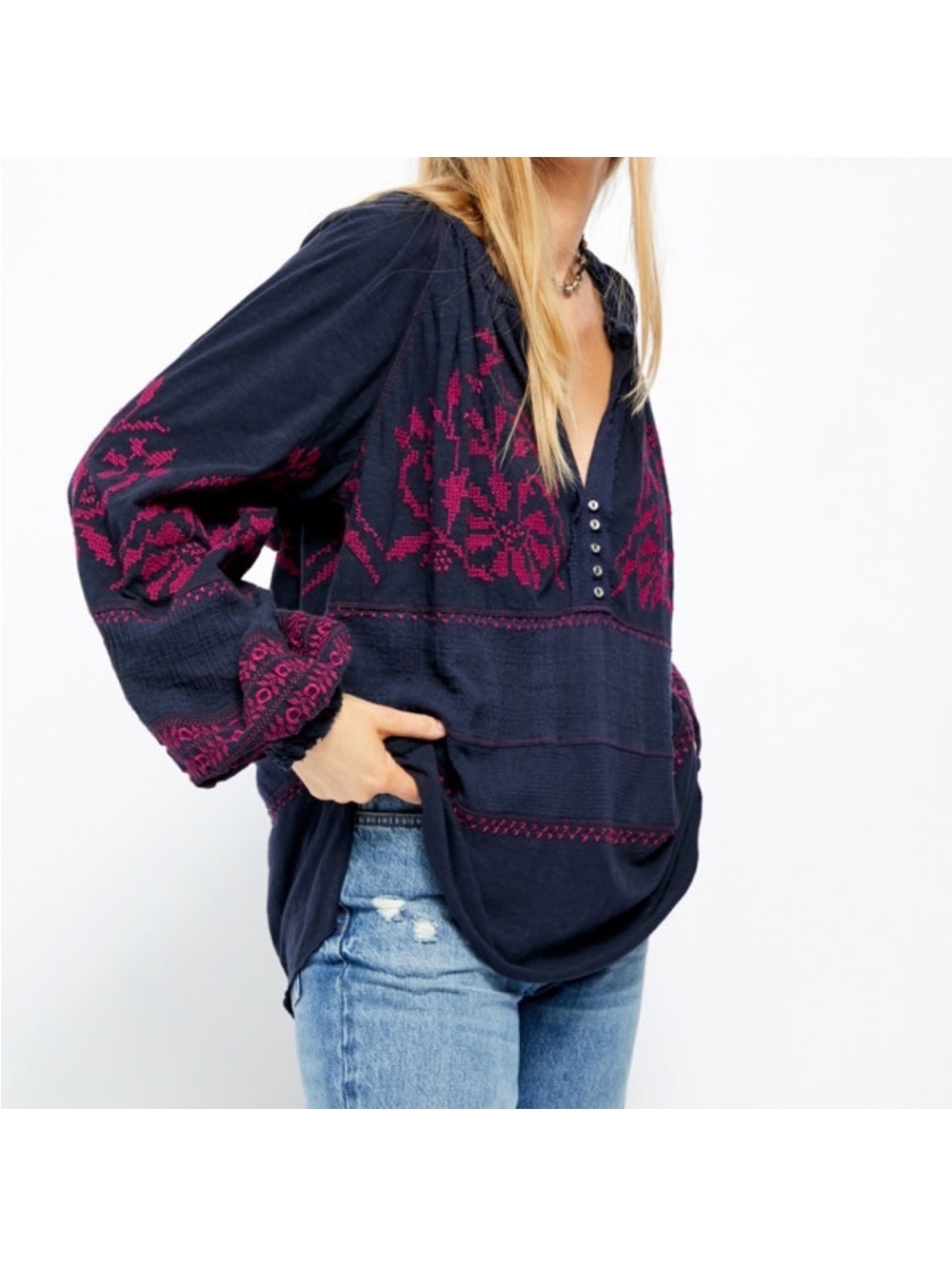 Free People Persuasion Embroidered Boho Chic 100% Cotton Floral Blouse -medium